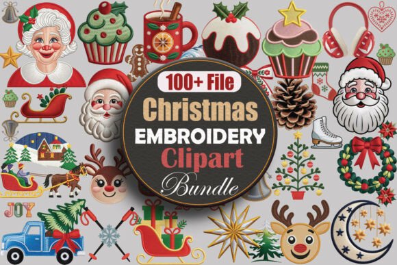 Christmas Embroidery Clipart PNG Bundle