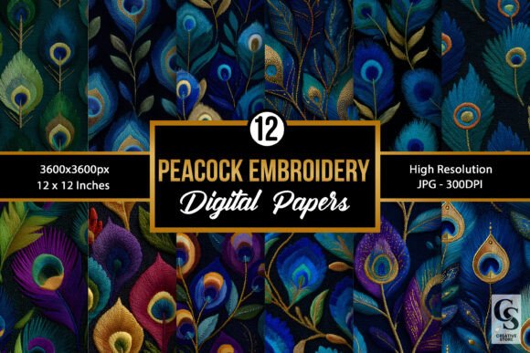 Peacock Feather Embroidery Digital Paper